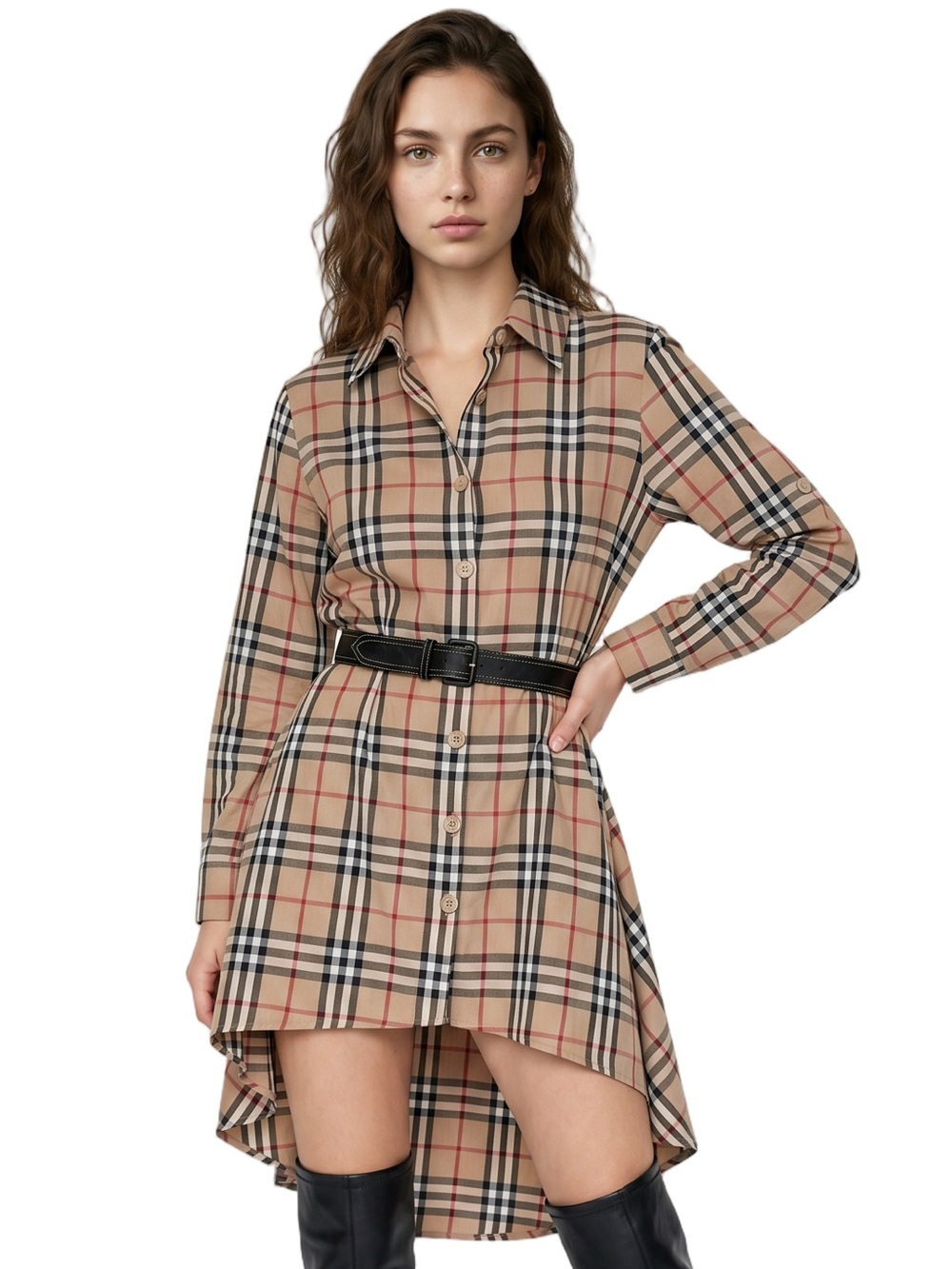 BIUBIU Tan Black Plaid Button Down HiLow Tunic Shirt Long Sleeve Collar Preppy